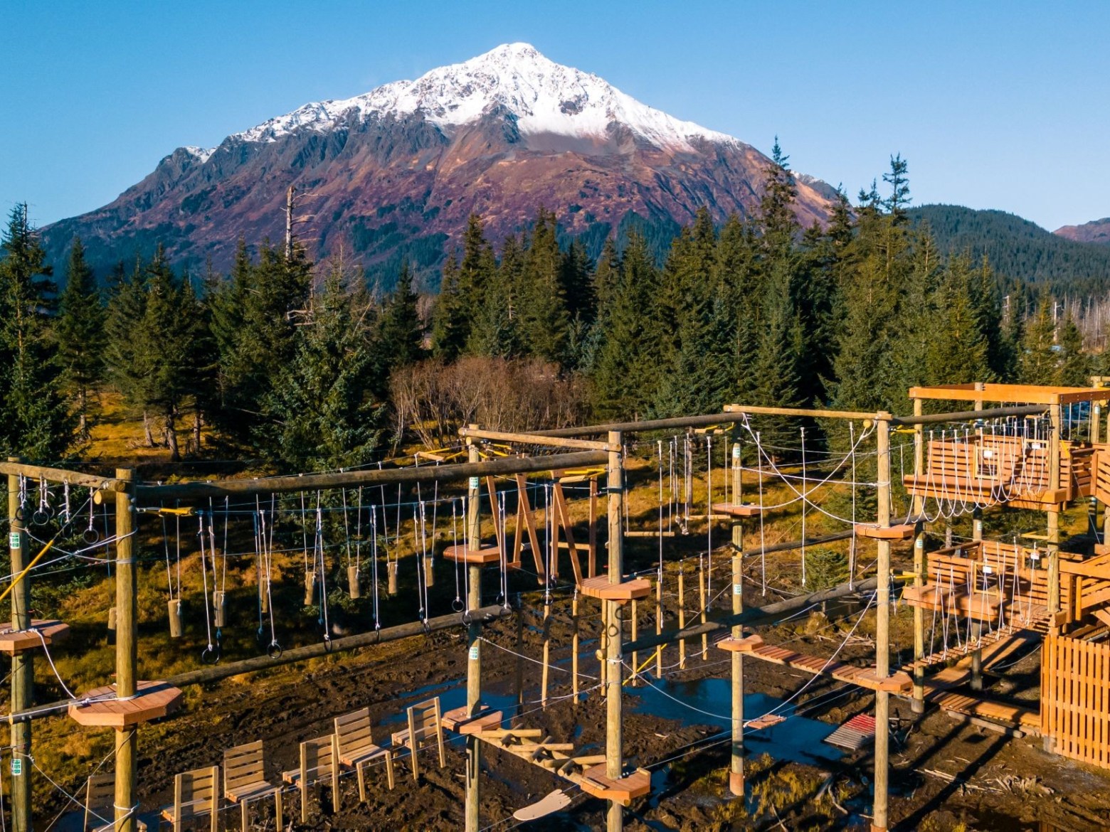 Rope course in a forest with a snow-capped mountain in the background under a clear blue sky.