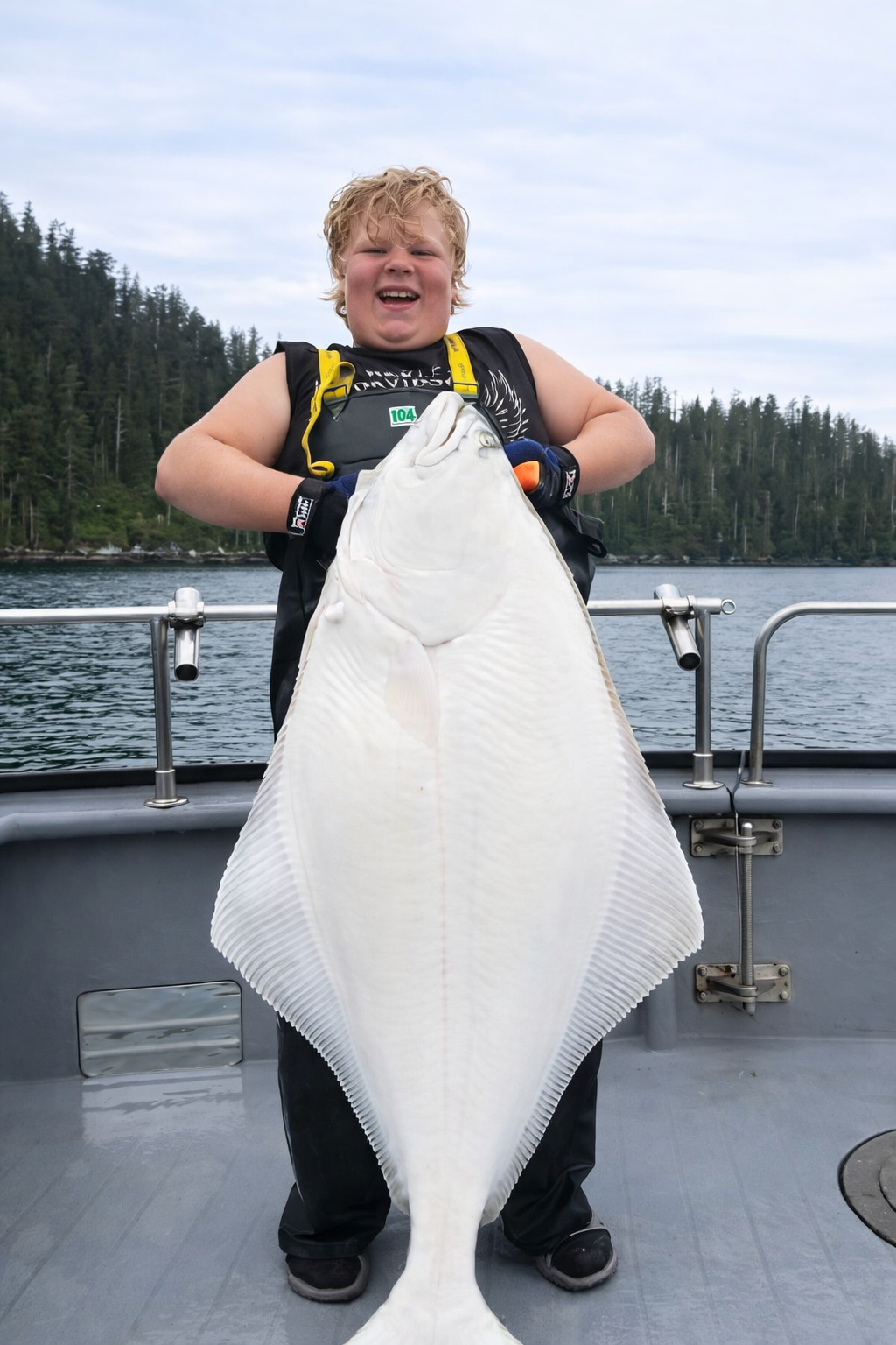 Person holding a large white fish on a boat with forested shoreline in the background.