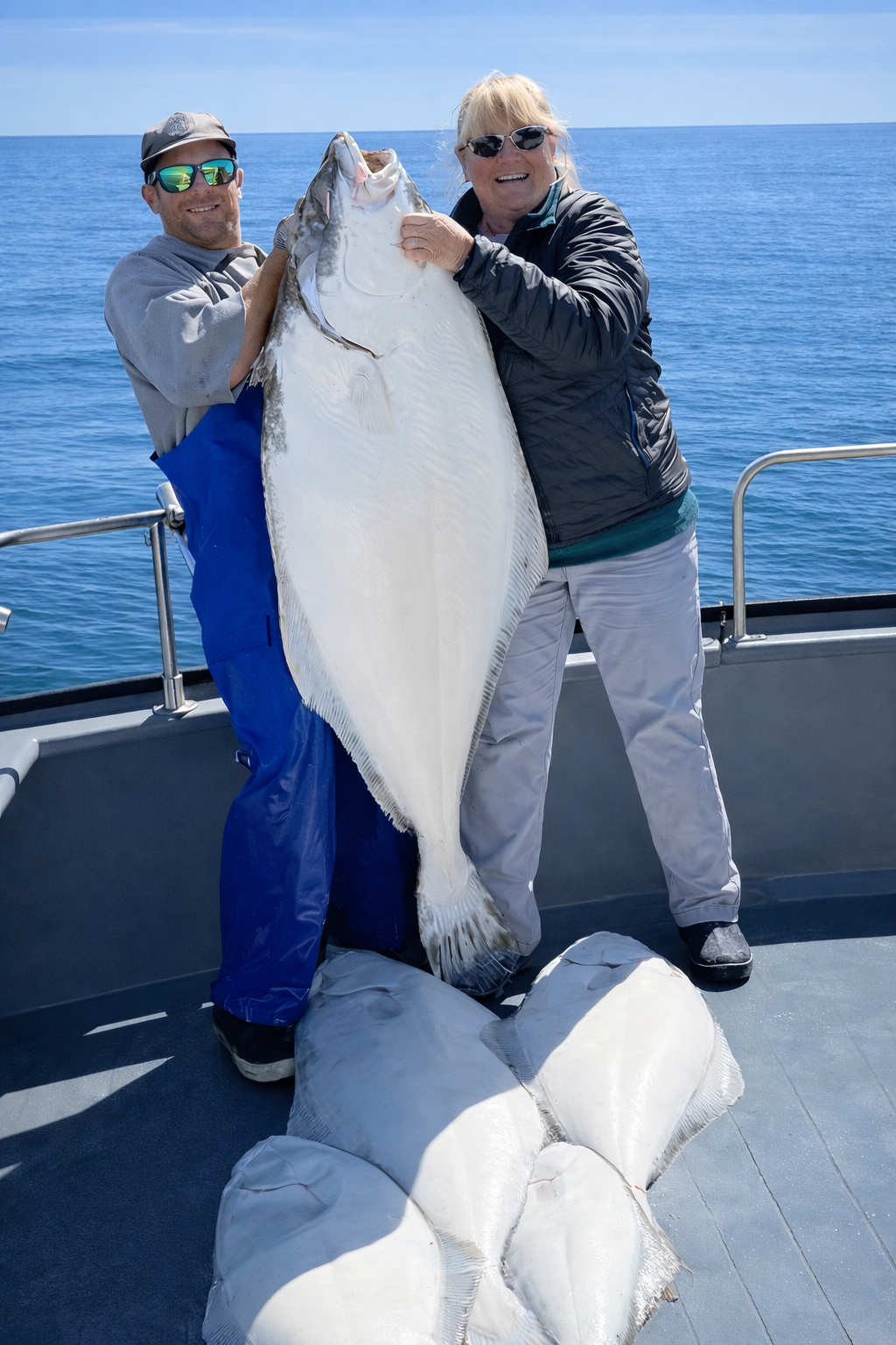 Two people on a boat holding a large fish, smiling with the ocean in the background.