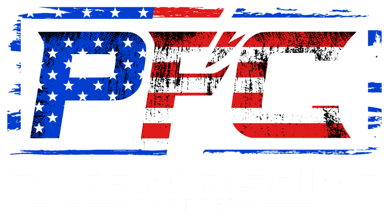 Logo with 'PFC' in USA flag colors, text 'Puffin Fishing Charters' below.
